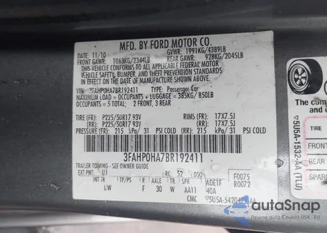 2011 Ford Fusion Se from USA, damaged, VIN 3FAHP0HA7BR192411